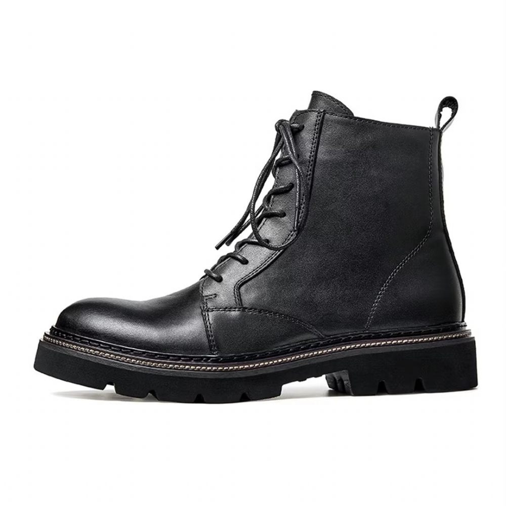 Bottes Pour Hommes Peau Mouton Chic Bottines À Lacets Vintage - Noir