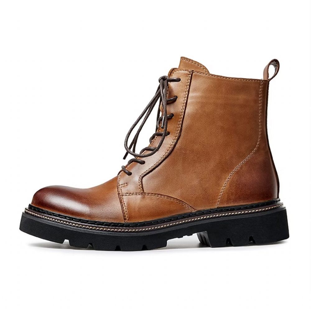 Bottes Pour Hommes Peau Mouton Chic Bottines À Lacets Vintage - Marron