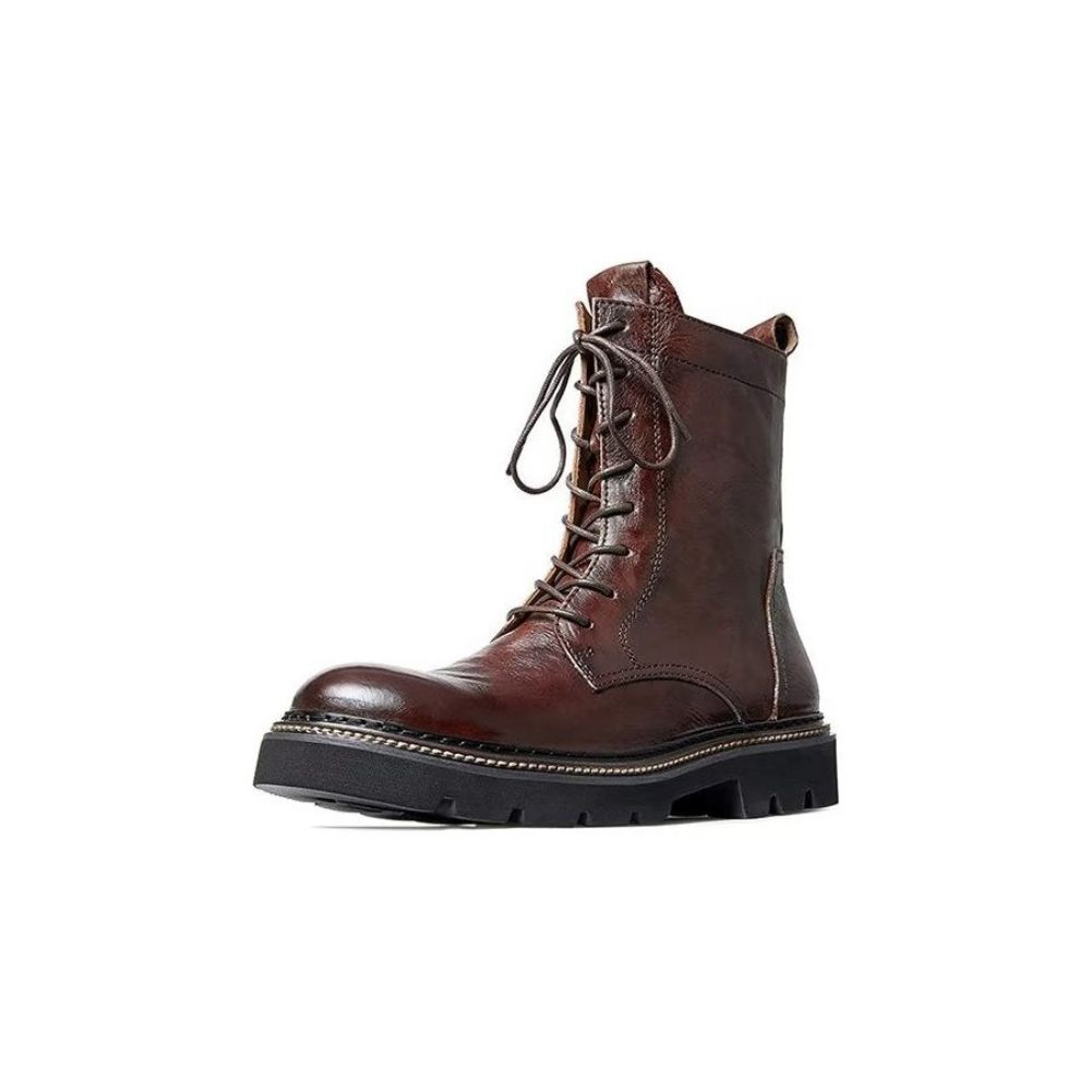 Bottes Pour Hommes Peau Mouton Chic Bottines À Plateforme Vintage - Marron