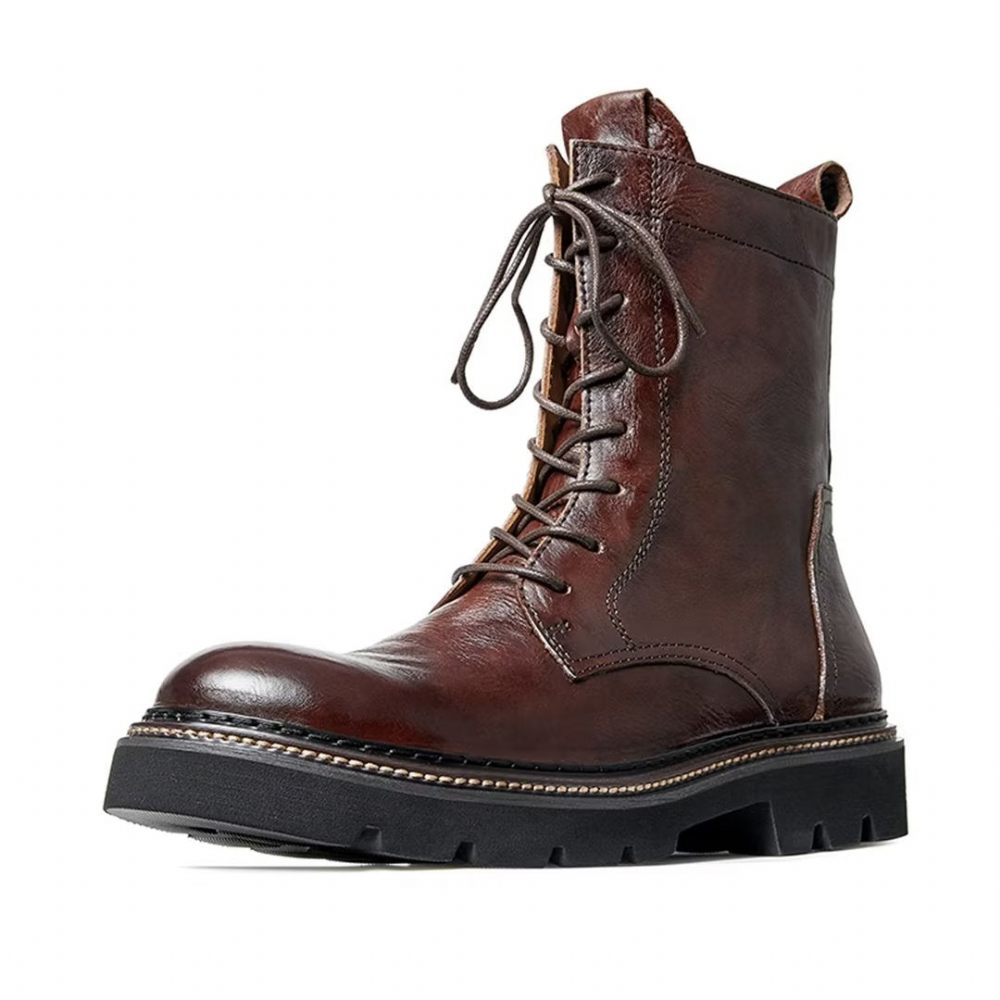 Bottes Pour Hommes Peau Mouton Chic Bottines À Plateforme Vintage - Marron