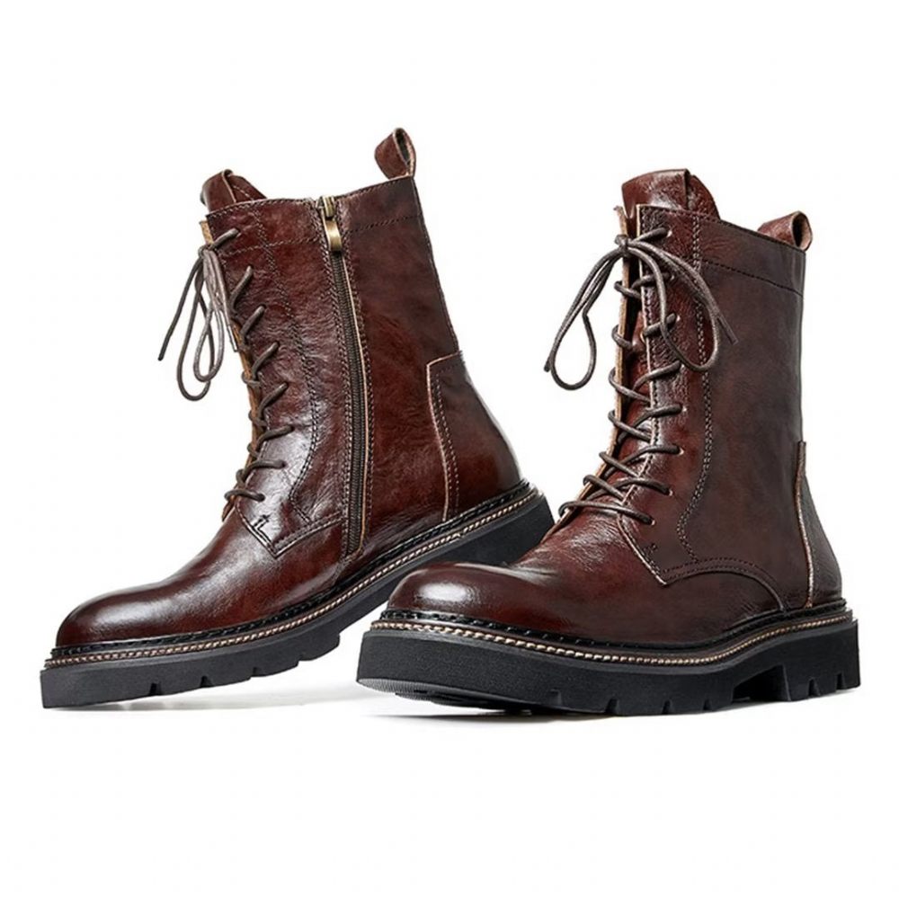 Bottes Pour Hommes Peau Mouton Chic Bottines À Plateforme Vintage - Marron