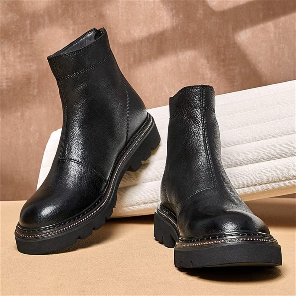 Bottes Pour Hommes Peau Mouton Chic Vintage Courte Fermeture Éclair Martin Classiques - Noir