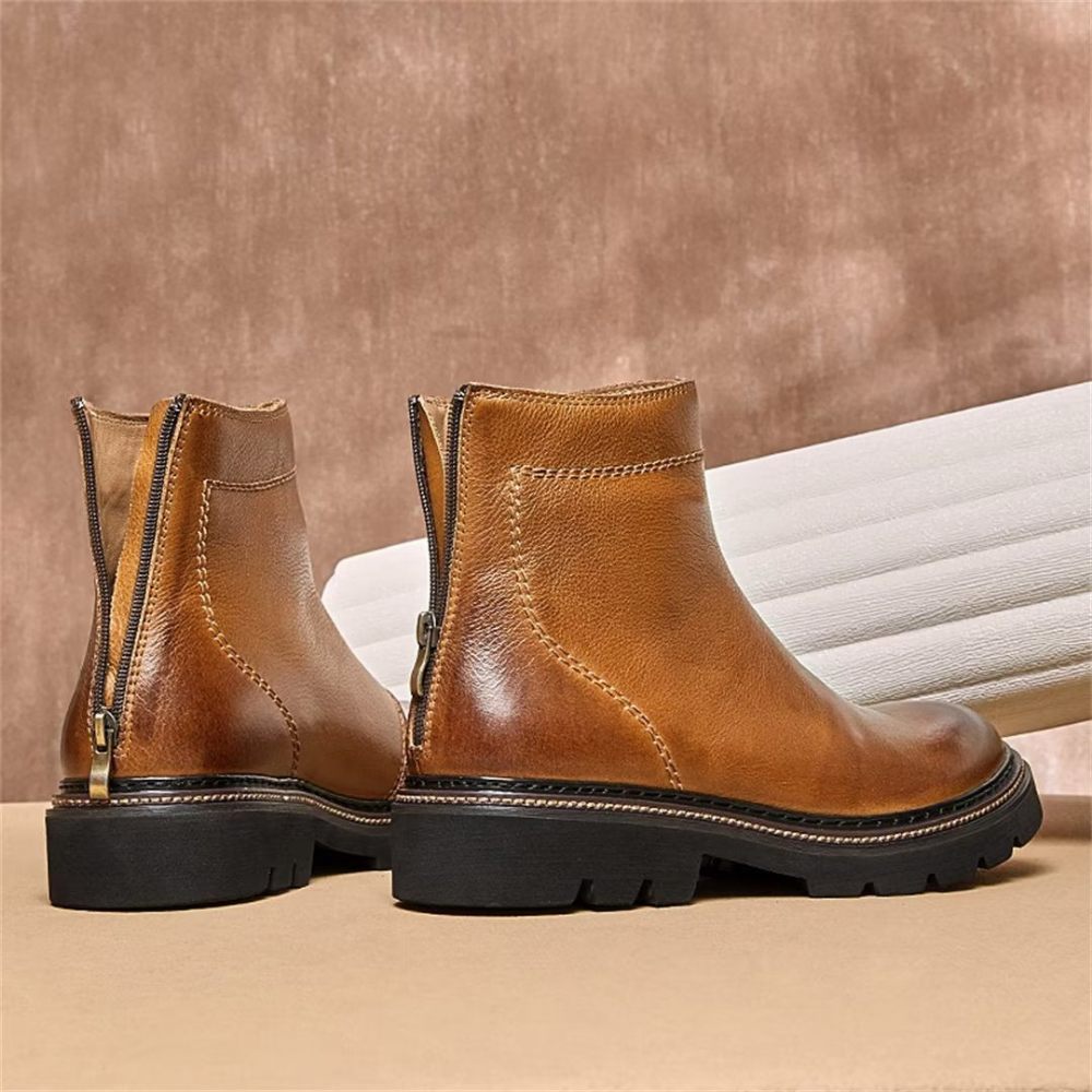 Bottes Pour Hommes Peau Mouton Chic Vintage Courte Fermeture Éclair Martin Classiques - Marron