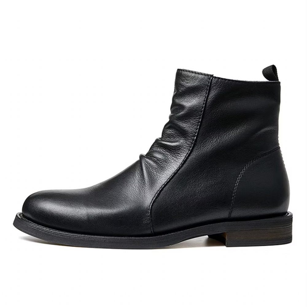 Bottes Pour Hommes Peau Mouton Chic Vintage Courtes À Fermeture Éclair Découpées Martin - Noir