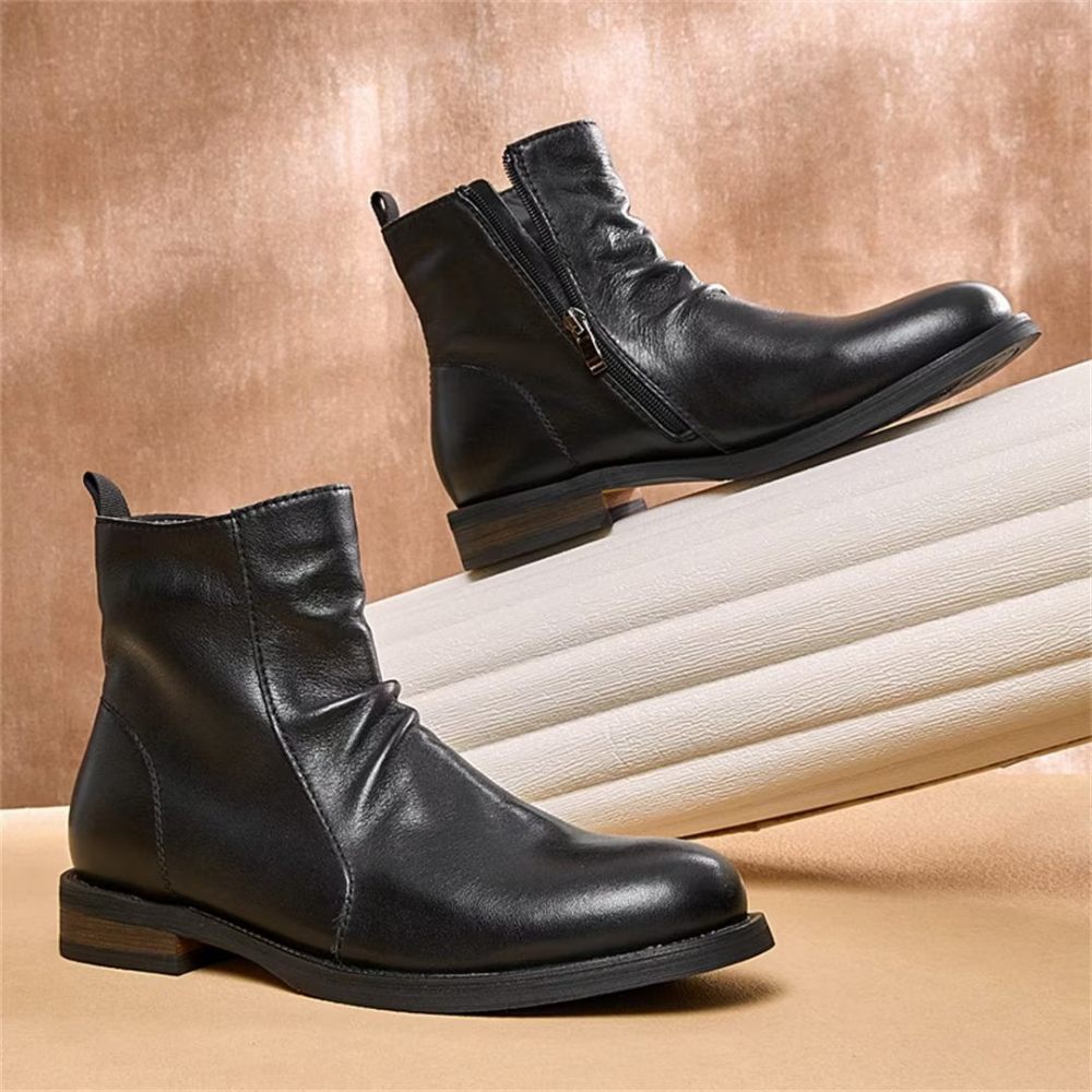 Bottes Pour Hommes Peau Mouton Chic Vintage Courtes À Fermeture Éclair Découpées Martin - Noir