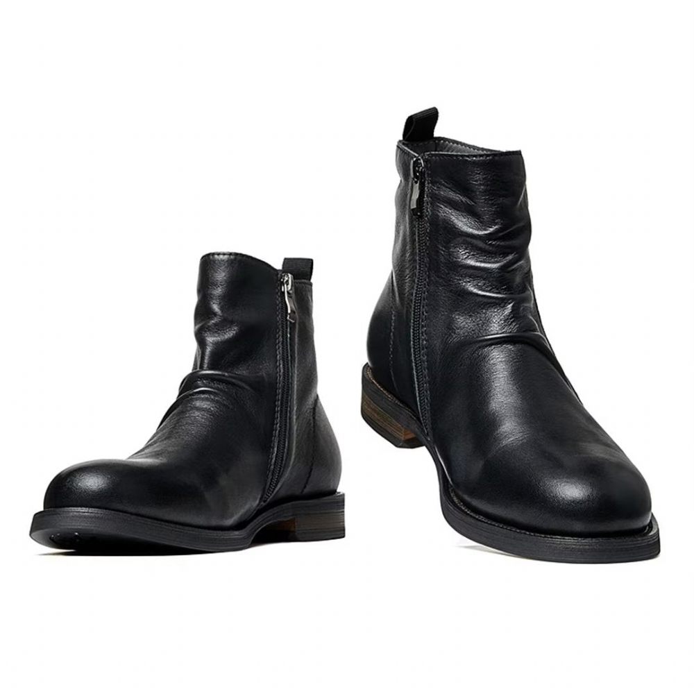 Bottes Pour Hommes Peau Mouton Chic Vintage Courtes À Fermeture Éclair Découpées Martin - Noir