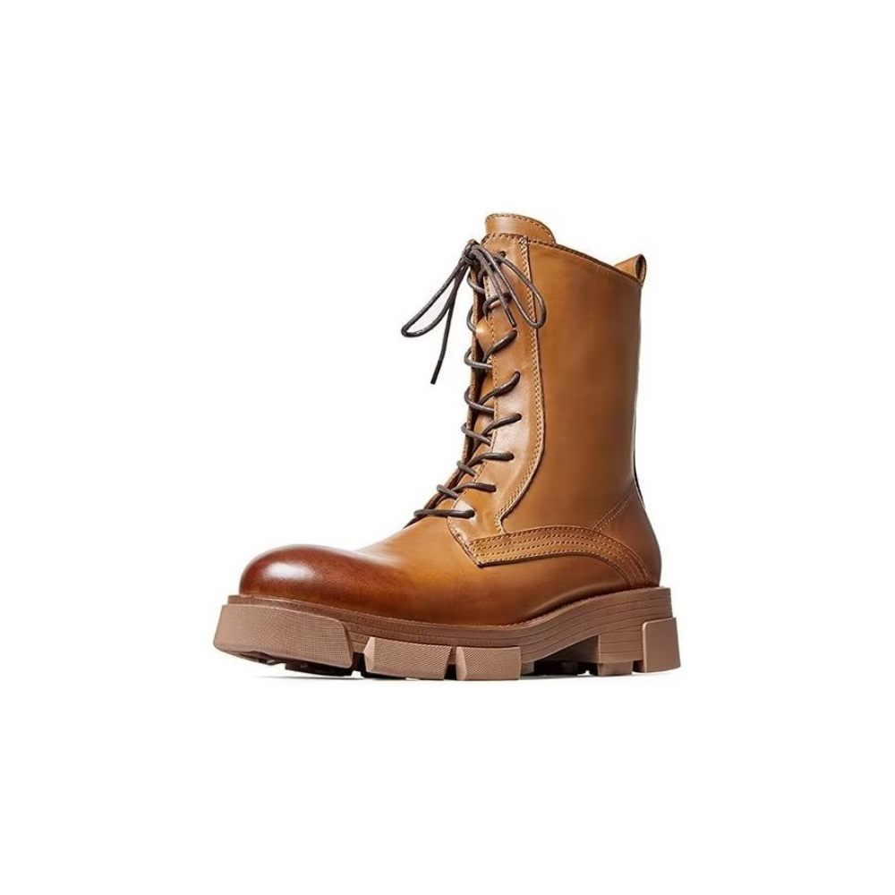 Bottes Pour Hommes Peau Mouton Chic Vintage Martin Courtes À Fermeture Éclair Cloutées - Marron