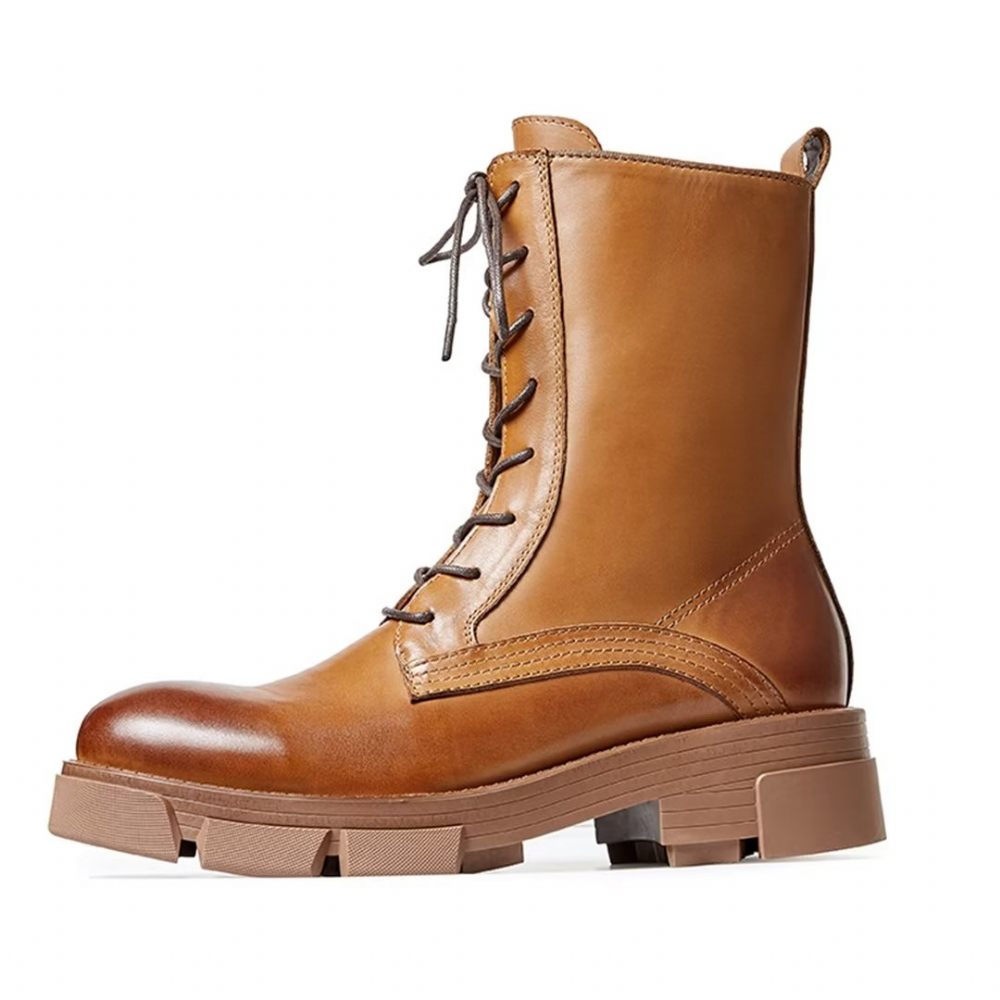 Bottes Pour Hommes Peau Mouton Chic Vintage Martin Courtes À Fermeture Éclair Cloutées - Marron