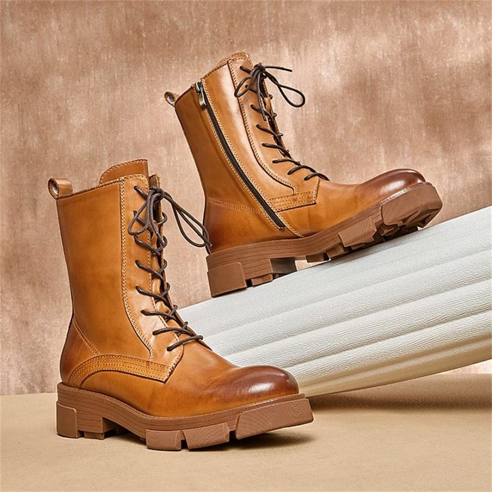 Bottes Pour Hommes Peau Mouton Chic Vintage Martin Courtes À Fermeture Éclair Cloutées - Marron