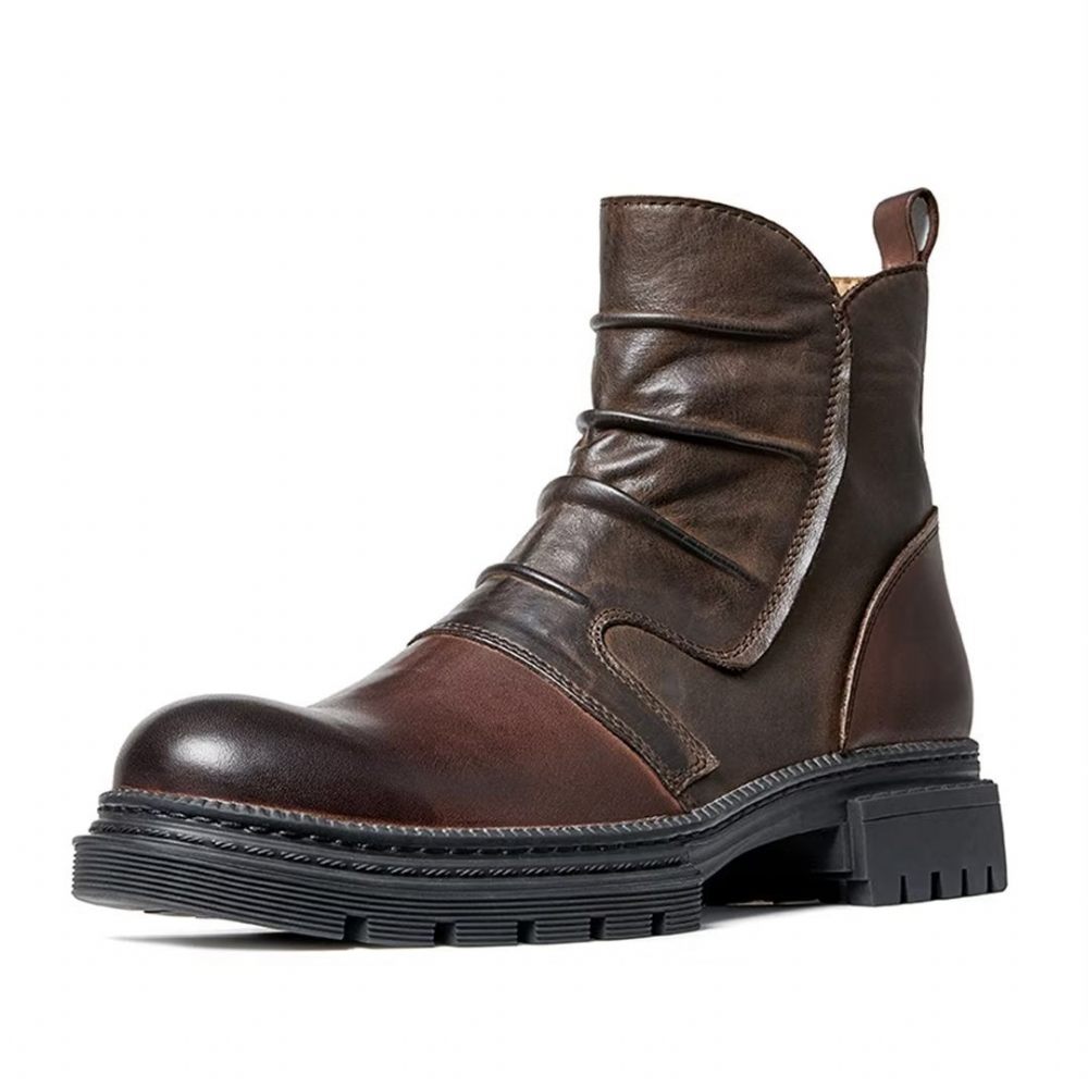 Bottes Pour Hommes Peau Mouton Chic Vintage Martin À Lacets Courtes Avec Fermeture Éclair - Marron