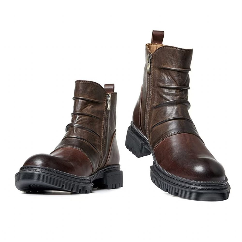 Bottes Pour Hommes Peau Mouton Chic Vintage Martin À Lacets Courtes Avec Fermeture Éclair - Marron