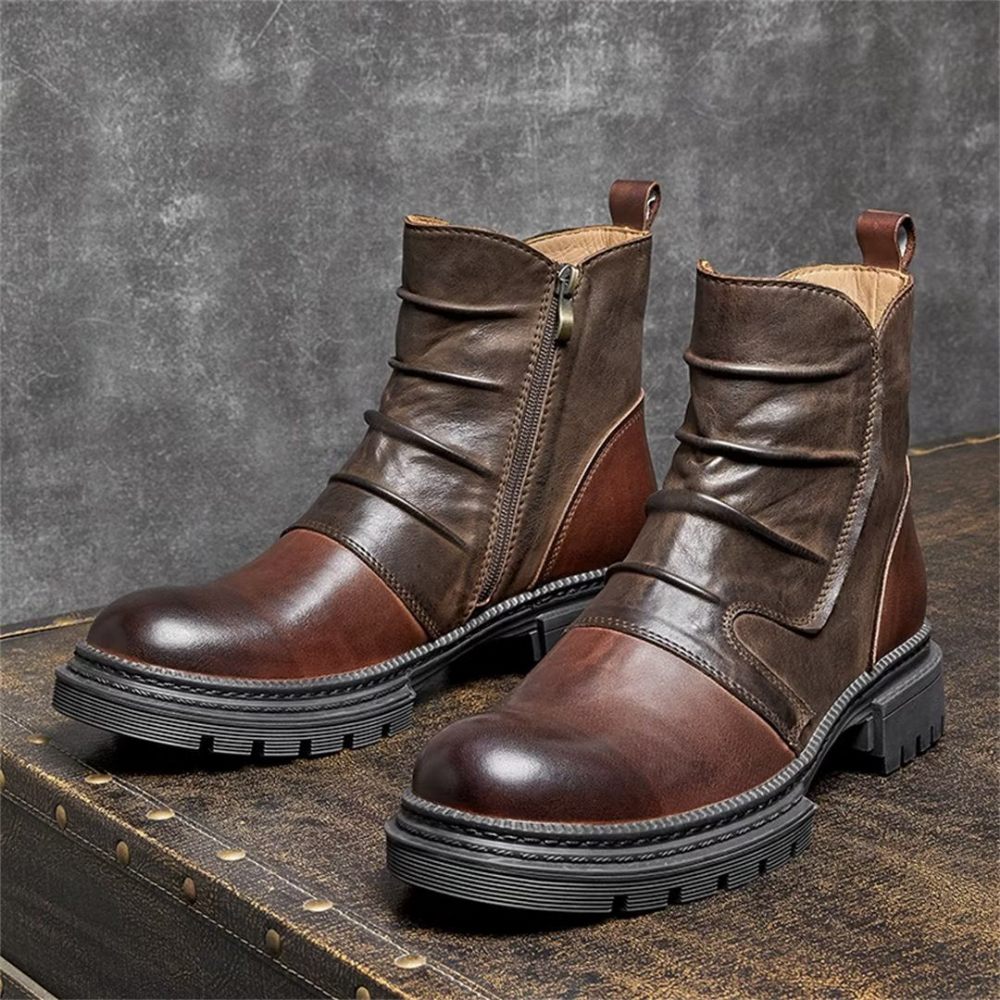 Bottes Pour Hommes Peau Mouton Chic Vintage Martin À Lacets Courtes Avec Fermeture Éclair - Marron