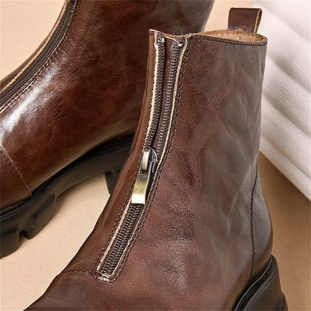 Bottes Pour Hommes Peau Mouton Chic Zipper Vintage Martin Boots - Marron