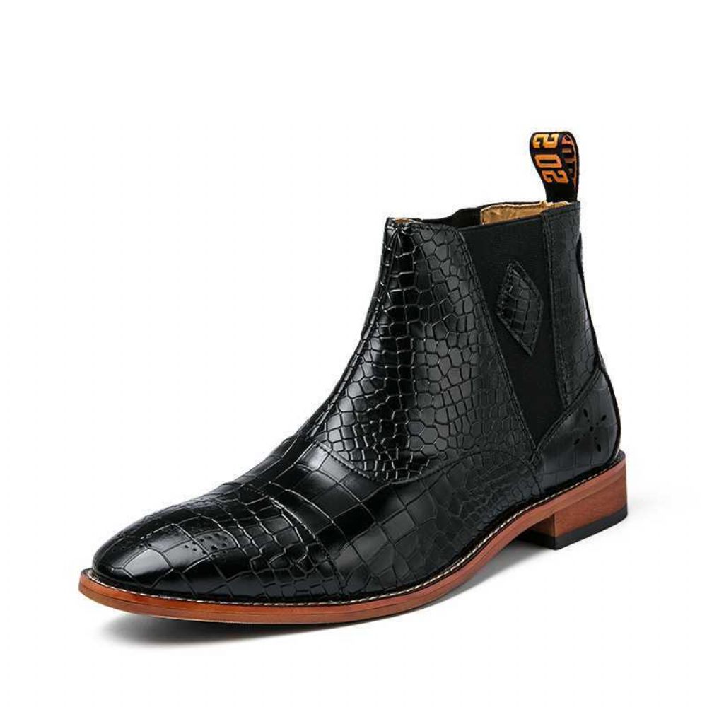 Bottes Pour Hommes Peau Serpent Chic Chelsea À Bout Pointu Vintage - Noir