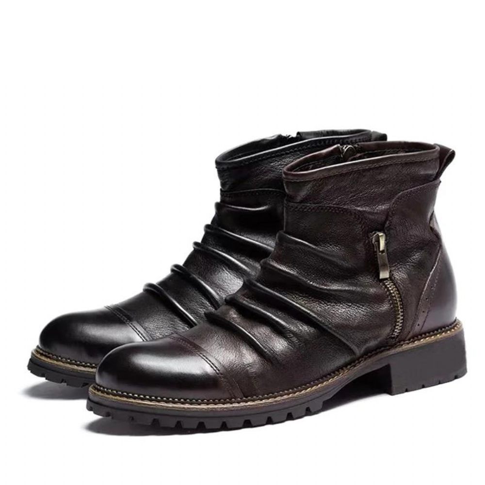 Bottes Pour Hommes Rétro Chic Exotique Fermeture Éclair Bottines Moto - Café