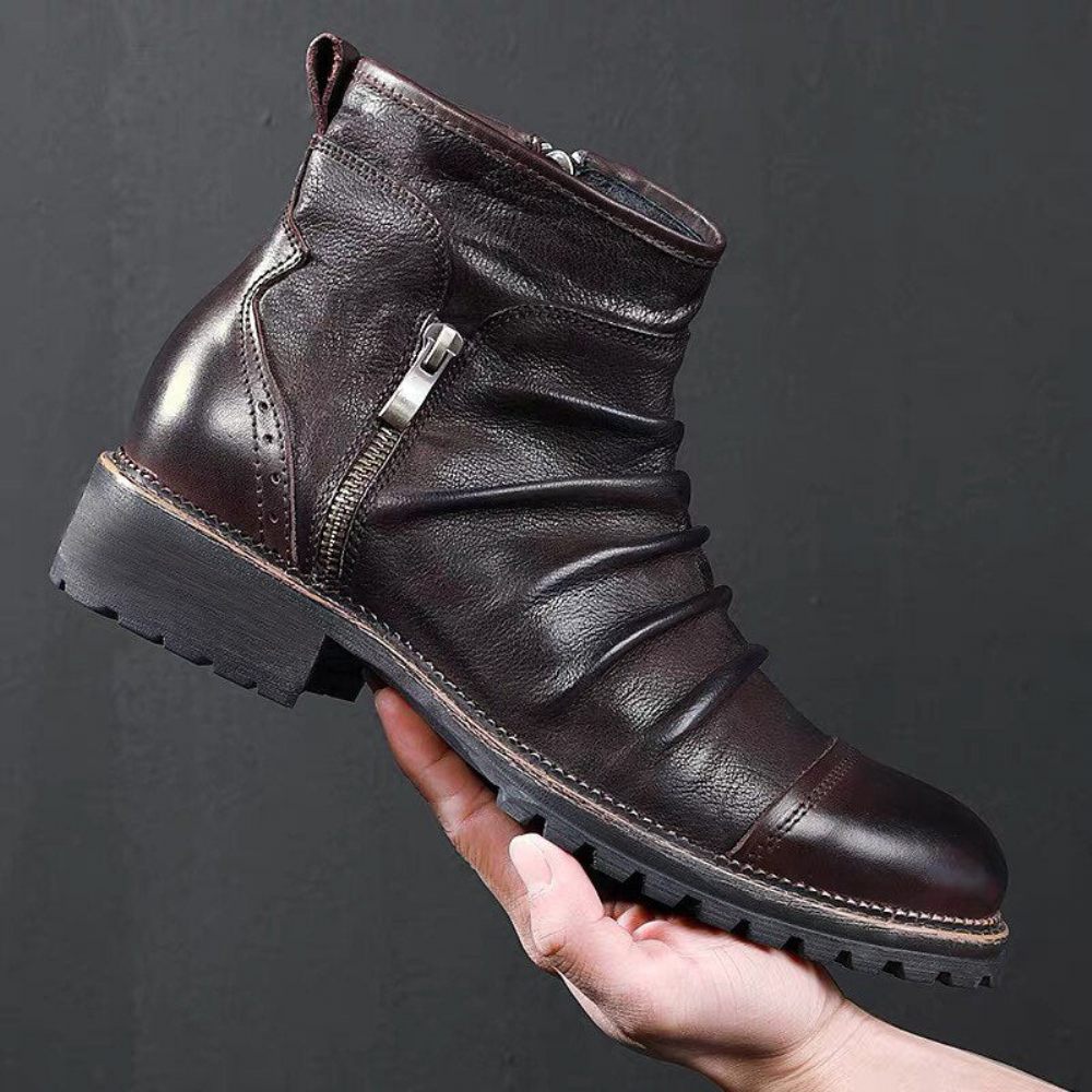 Bottes Pour Hommes Rétro Chic Exotique Fermeture Éclair Bottines Moto - Café