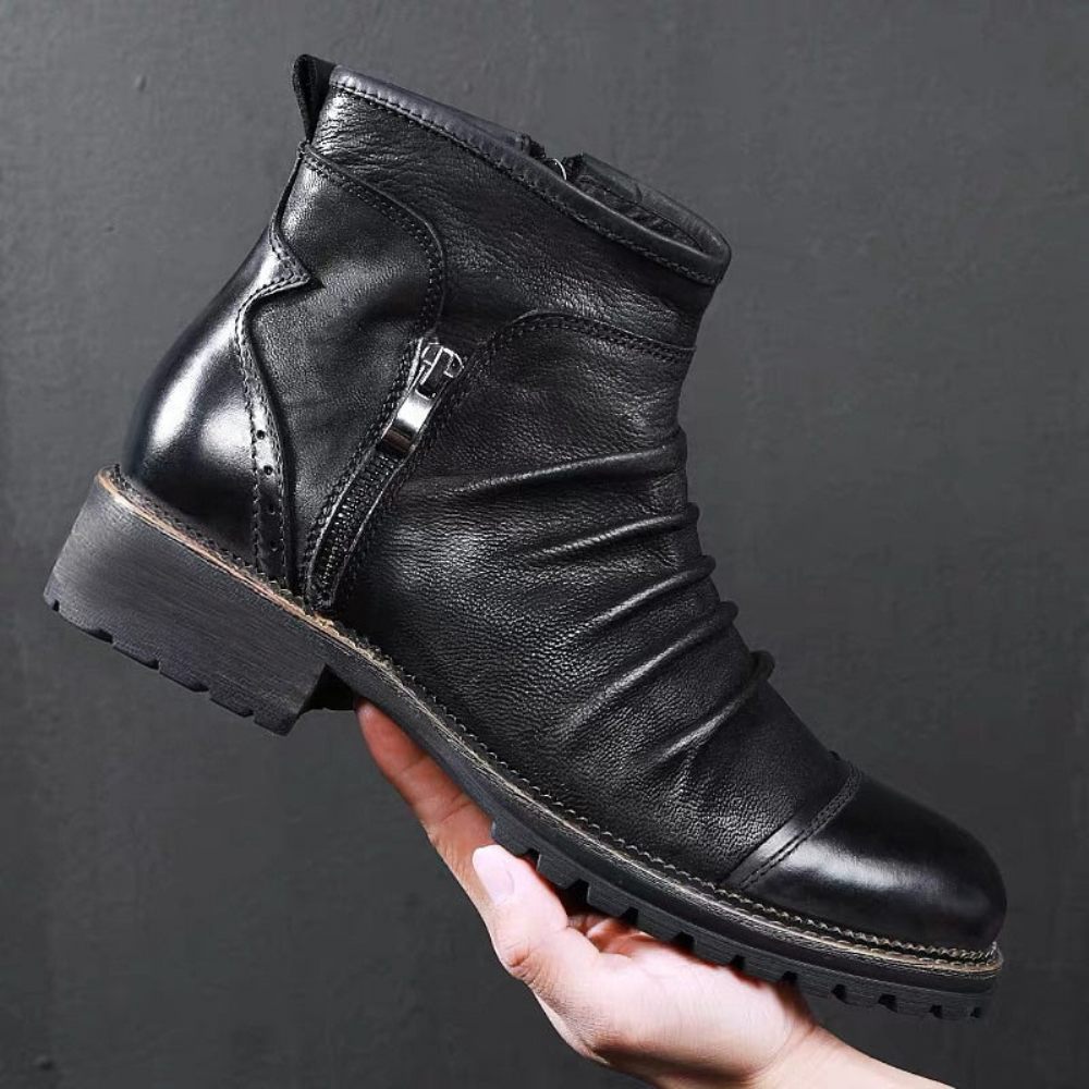 Bottes Pour Hommes Rétro Chic Exotique Fermeture Éclair Bottines Moto - Noir