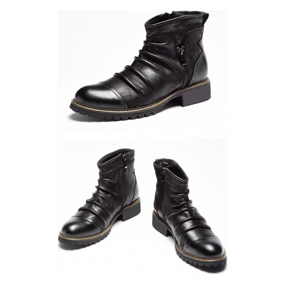 Bottes Pour Hommes Rétro Chic Exotique Fermeture Éclair Bottines Moto - Noir