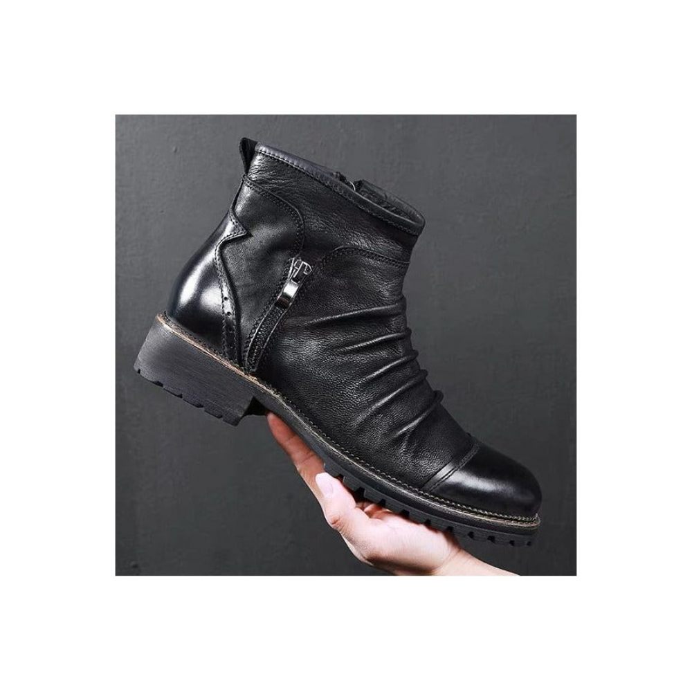 Bottes Pour Hommes Rétro Chic Exotique Fermeture Éclair Bottines Moto - Noir