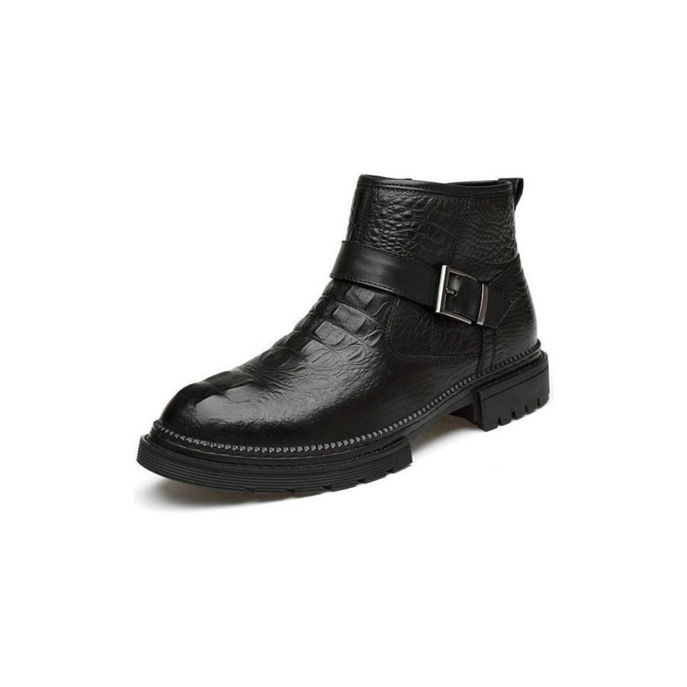 Bottes Pour Hommes Travail Chics Cuir Crocodile À Bout Rond Avec Fermeture Éclair - Noir