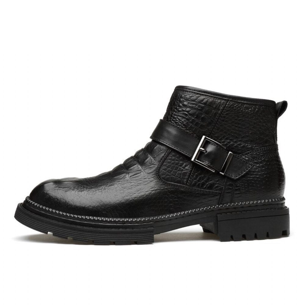 Bottes Pour Hommes Travail Chics Cuir Crocodile À Bout Rond Avec Fermeture Éclair - Noir