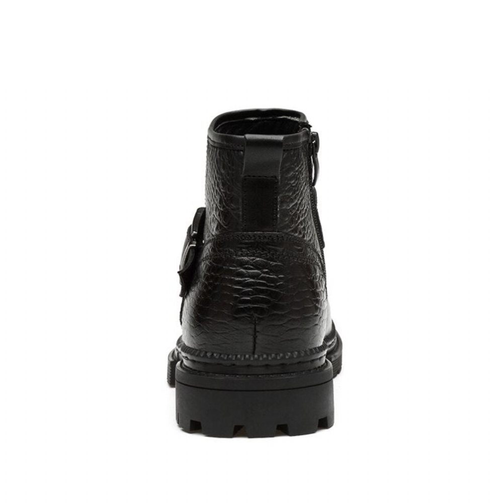 Bottes Pour Hommes Travail Chics Cuir Crocodile À Bout Rond Avec Fermeture Éclair - Noir