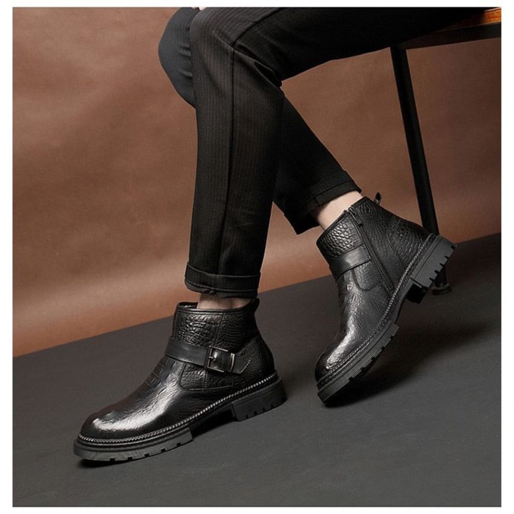 Bottes Pour Hommes Travail Chics Cuir Crocodile À Bout Rond Avec Fermeture Éclair - Noir