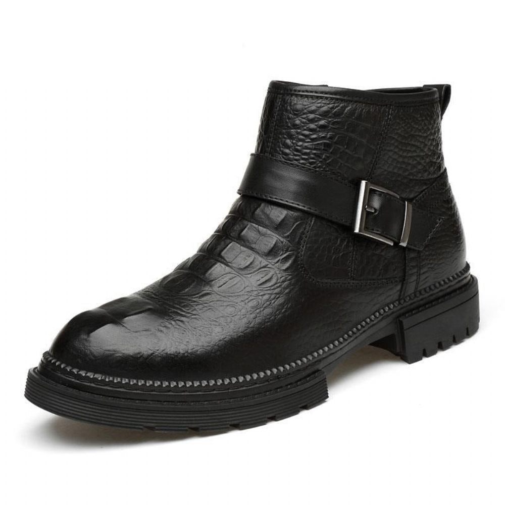 Bottes Pour Hommes Travail Chics Cuir Crocodile À Bout Rond Avec Fermeture Éclair - Noir