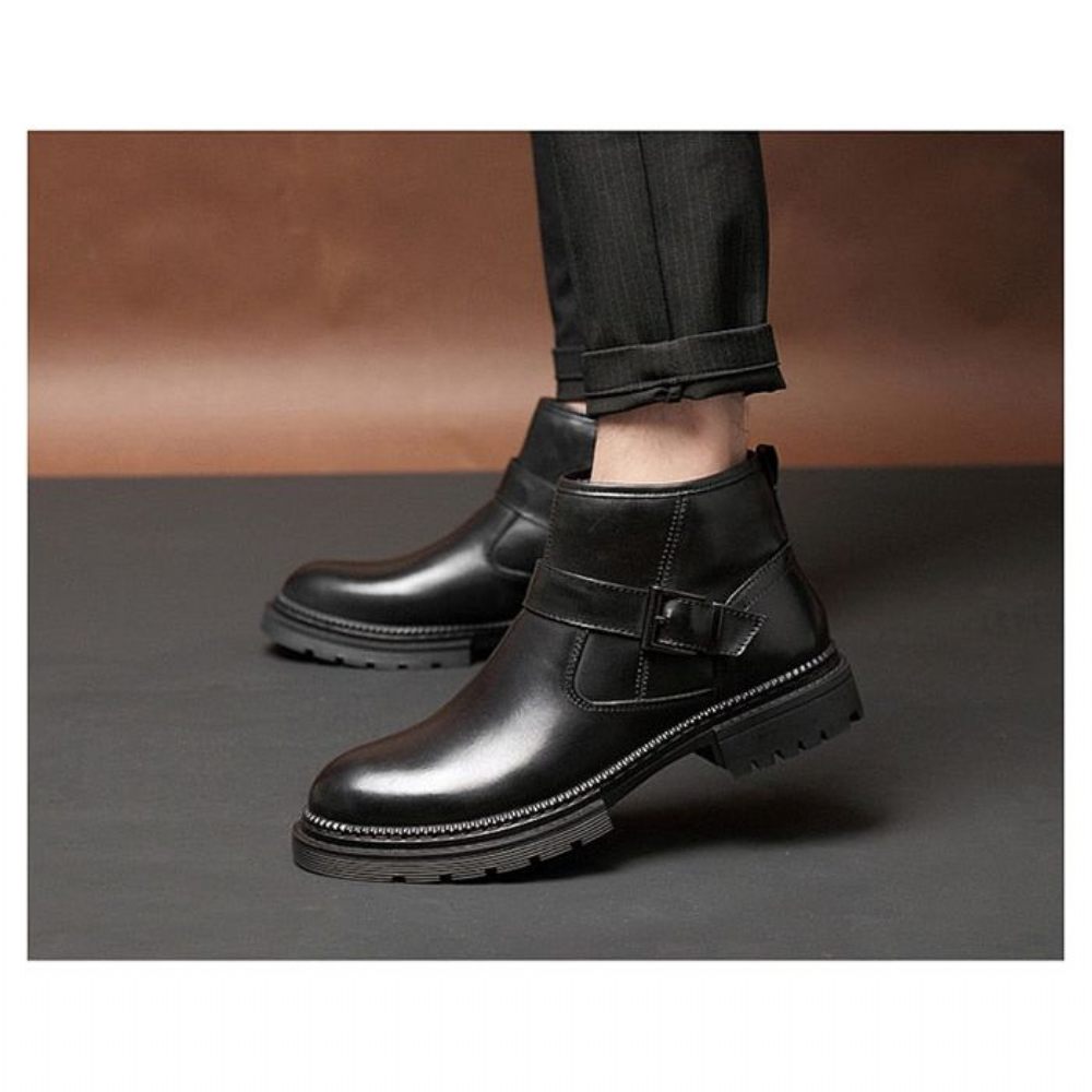 Bottes Pour Hommes Travail Chics Cuir Crocodile À Bout Rond Avec Fermeture Éclair - Noir Lisse