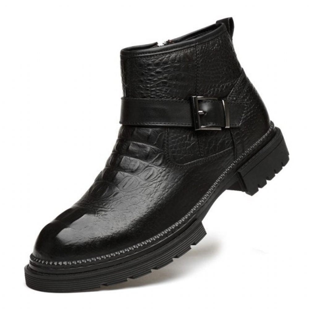 Bottes Pour Hommes Travail Chics Cuir Crocodile À Bout Rond Avec Fermeture Éclair - Noir