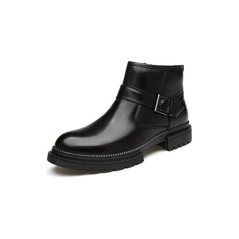 Bottes Pour Hommes Travail Chics Cuir Crocodile À Bout Rond Avec Fermeture Éclair - Noir Lisse