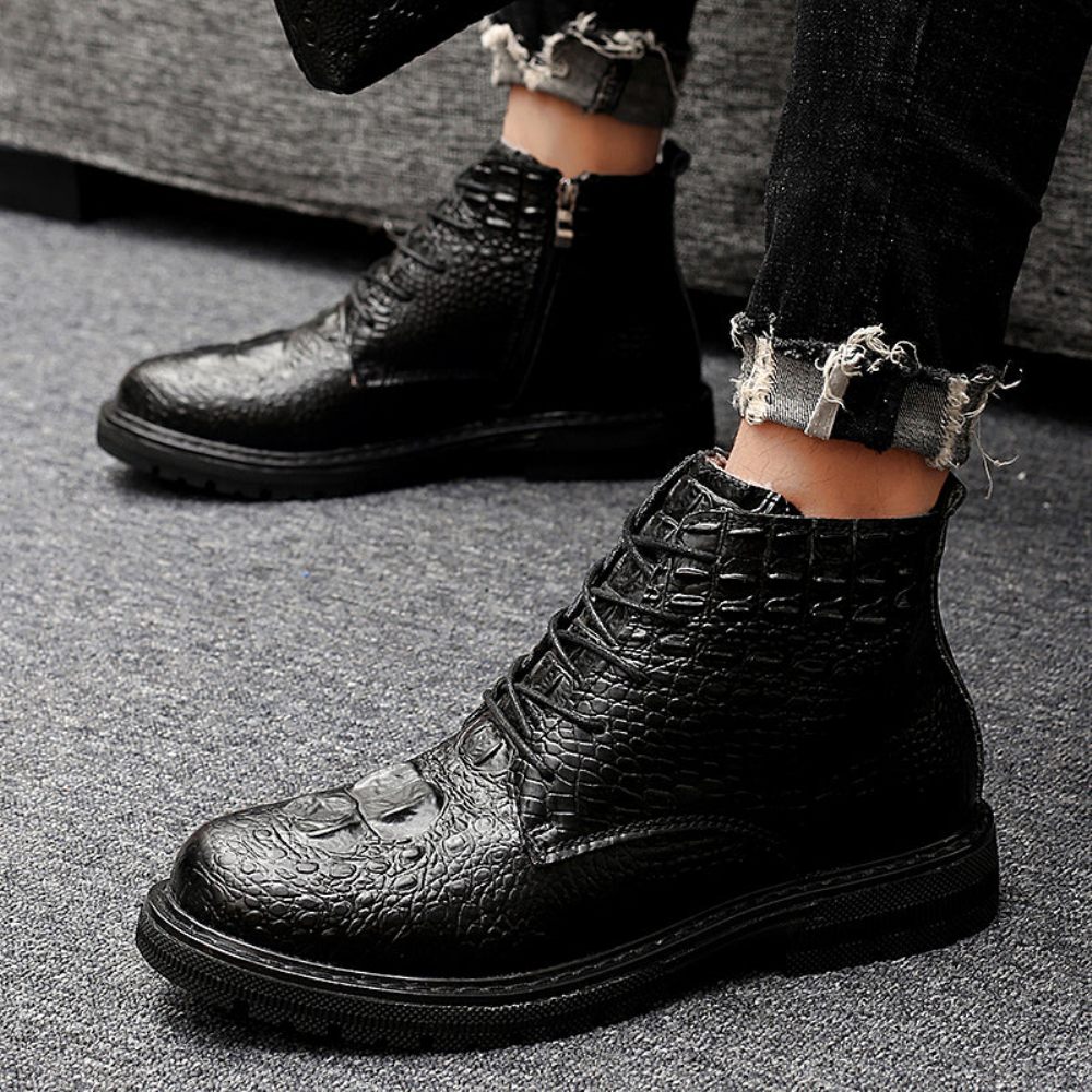 Bottes Pour Hommes Travail Luxe Cuir Crocodile À Lacets Fourrure Peluche - Noir