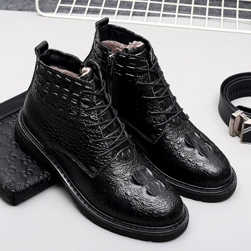 Bottes Pour Hommes Travail Luxe Cuir Crocodile À Lacets Fourrure Peluche - Noir