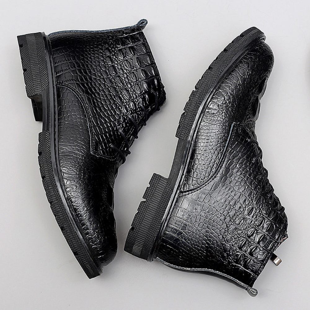 Bottes Pour Hommes Travail Luxe Cuir Crocodile À Lacets Fourrure Peluche - Noir