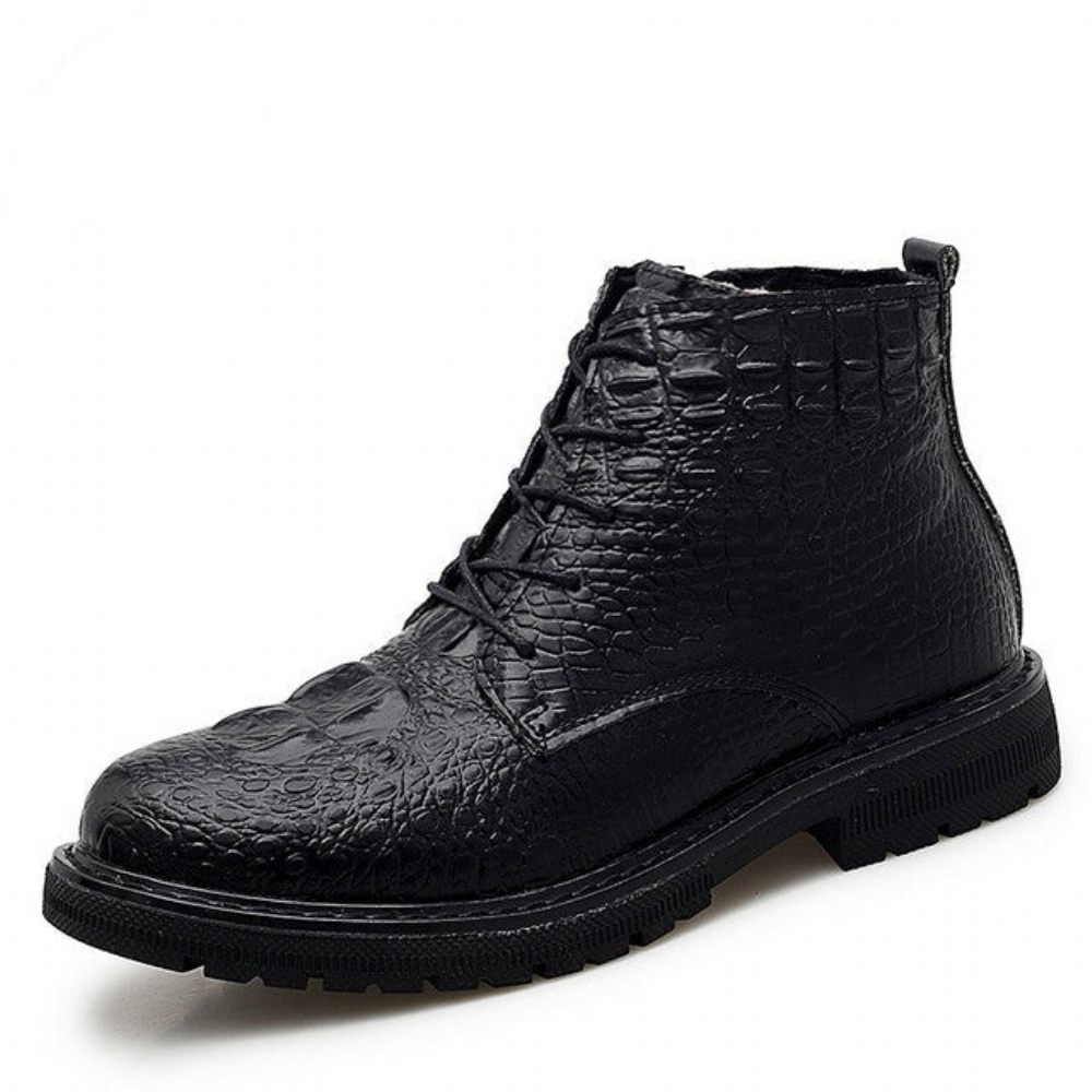 Bottes Pour Hommes Travail Luxe Cuir Crocodile À Lacets Fourrure Peluche - Noir