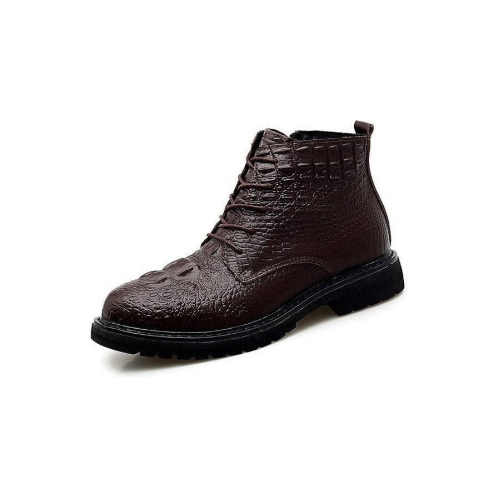 Bottes Pour Hommes Travail Luxe Cuir Crocodile À Lacets Fourrure Peluche - Café