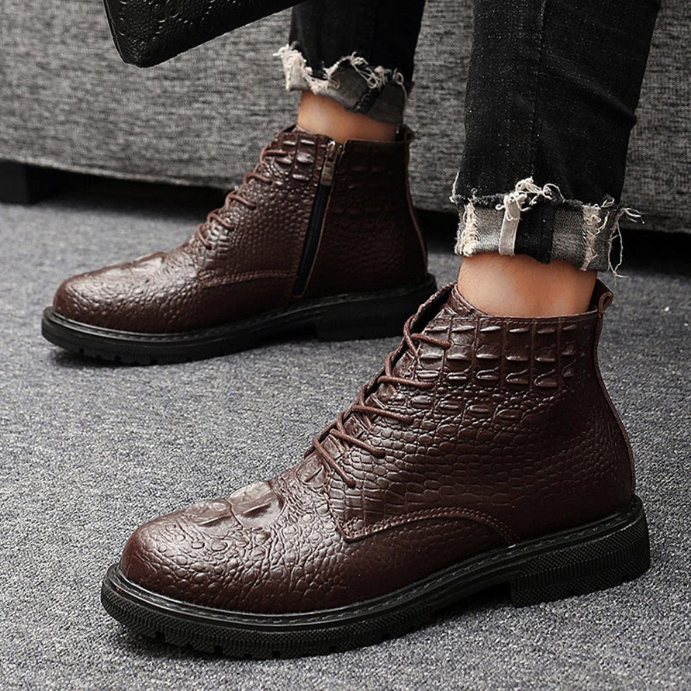 Bottes Pour Hommes Travail Luxe Cuir Crocodile À Lacets Fourrure Peluche - Café