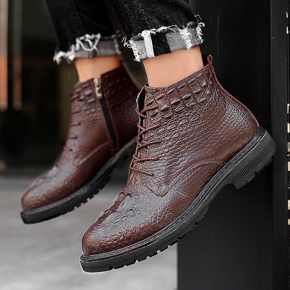 Bottes Pour Hommes Travail Luxe Cuir Crocodile À Lacets Fourrure Peluche - Café