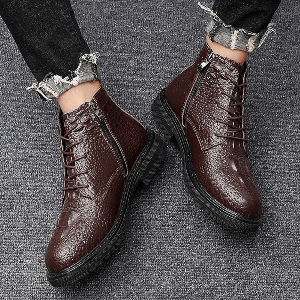 Bottes Pour Hommes Travail Luxe Cuir Crocodile À Lacets Fourrure Peluche - Café