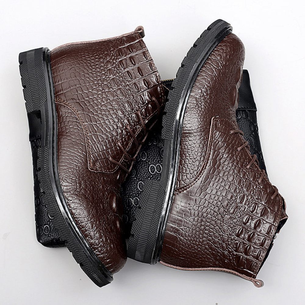 Bottes Pour Hommes Travail Luxe Cuir Crocodile À Lacets Fourrure Peluche - Café