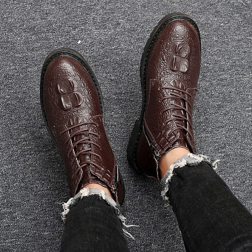 Bottes Pour Hommes Travail Luxe Cuir Crocodile À Lacets Fourrure Peluche - Café