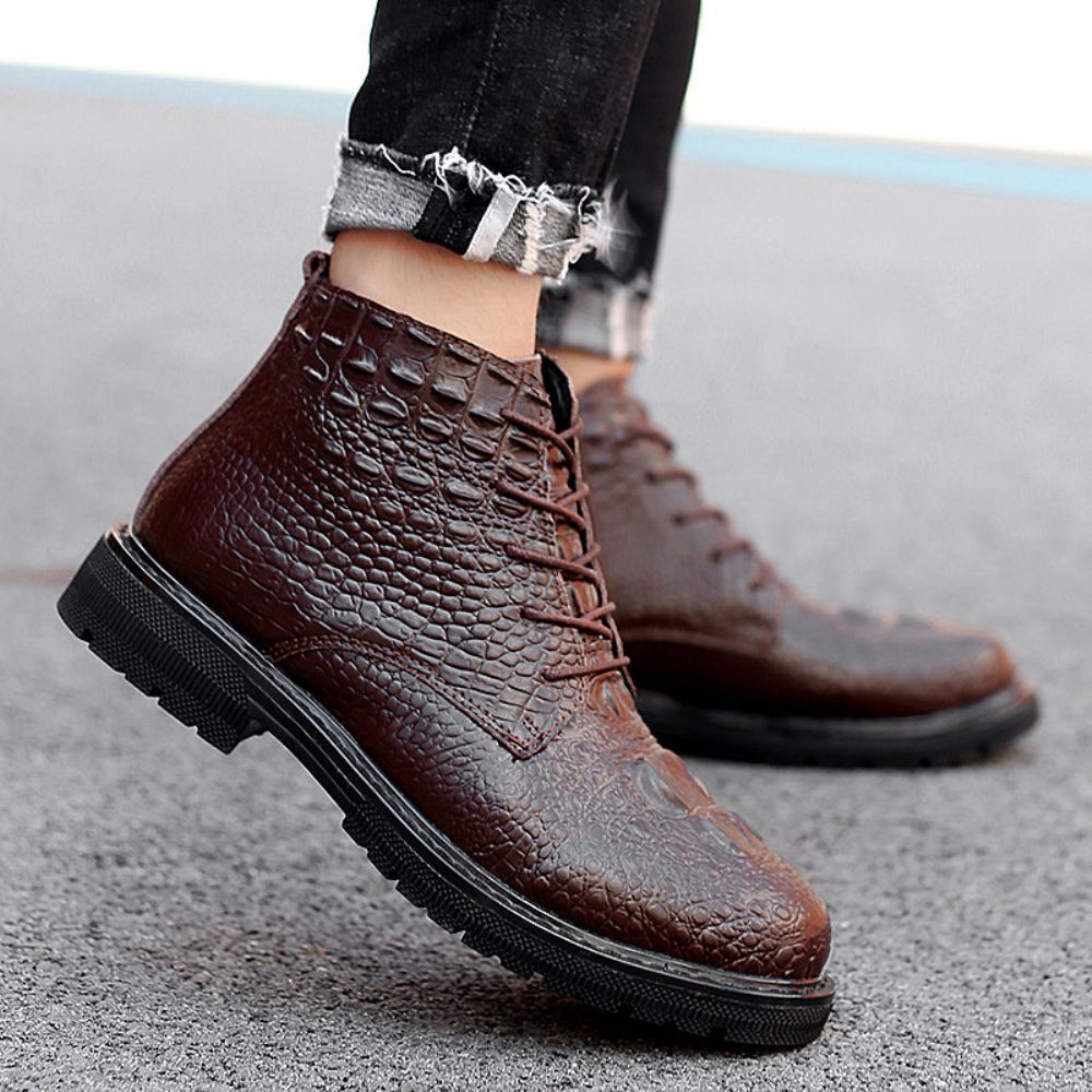 Bottes Pour Hommes Travail Luxe Cuir Crocodile À Lacets Fourrure Peluche - Café