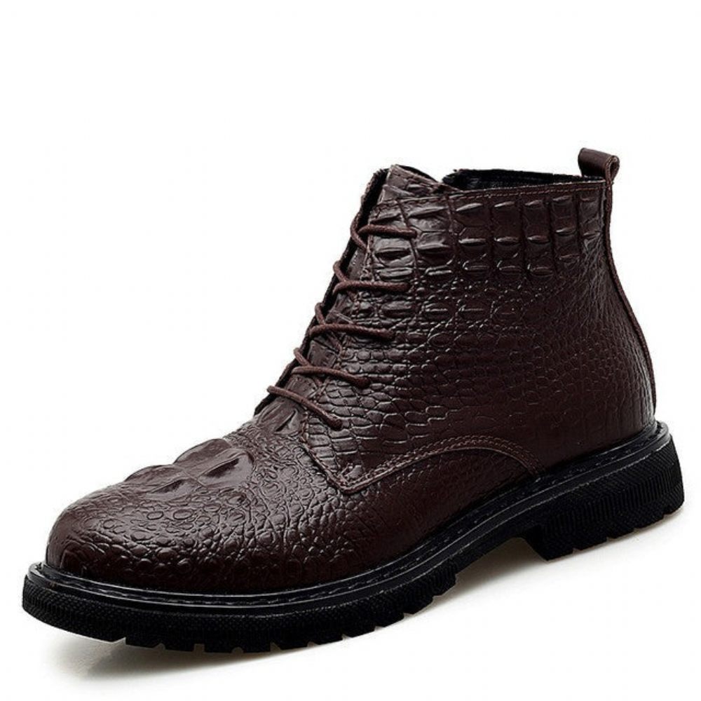 Bottes Pour Hommes Travail Luxe Cuir Crocodile À Lacets Fourrure Peluche - Café