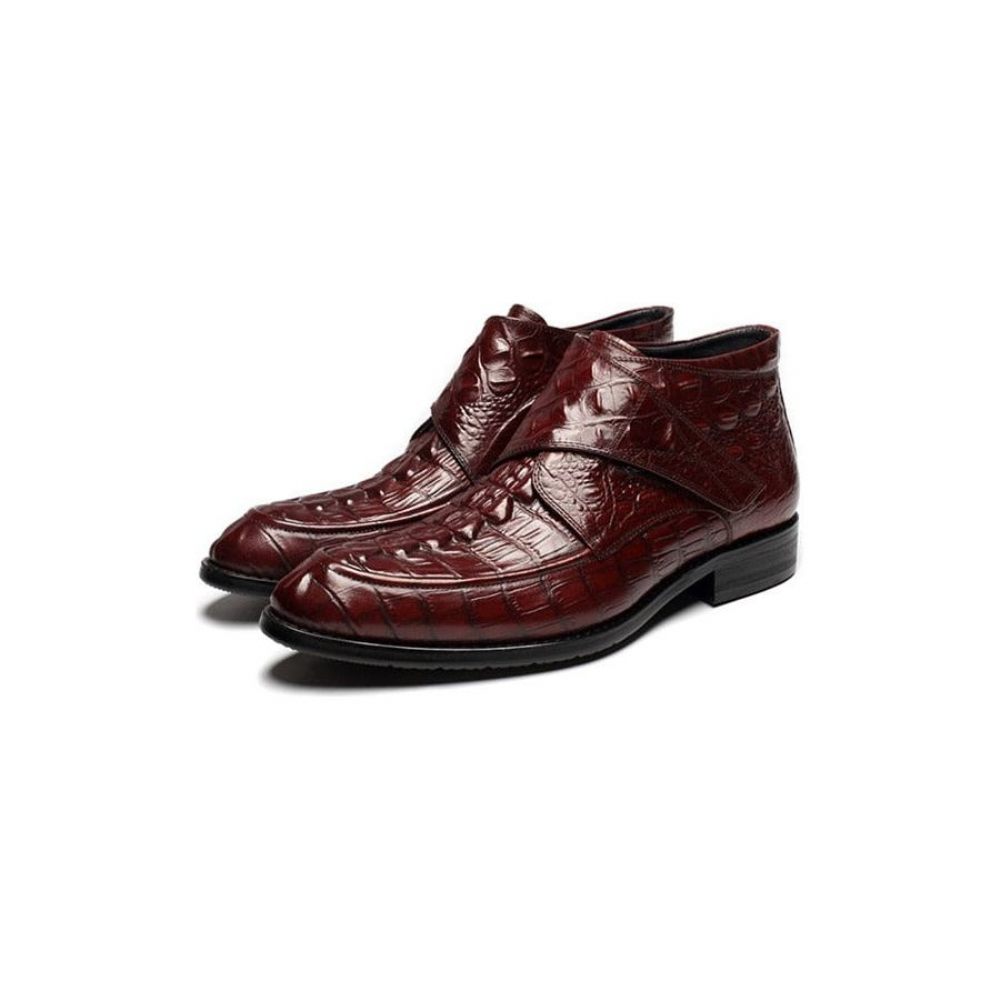 Bottes Pour Hommes Vin Souples Cuir Crocodile Luxe - Rouge