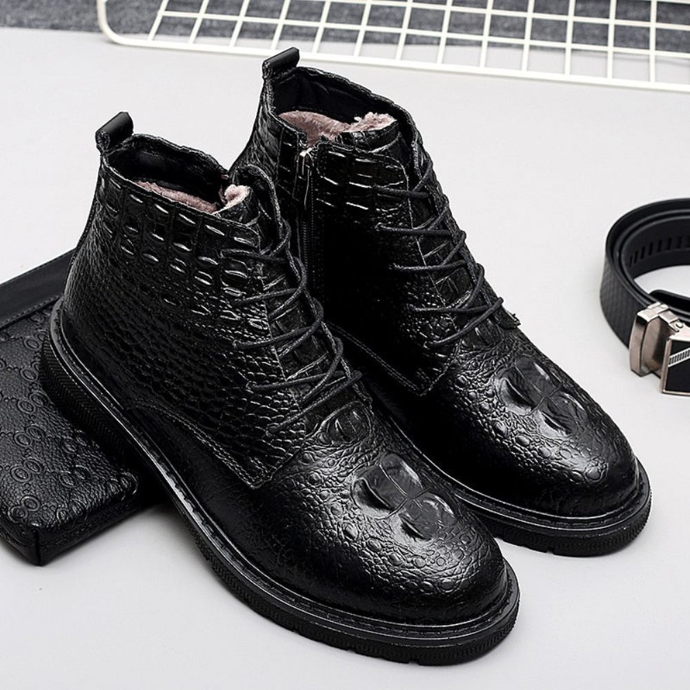 Bottes Neige Luxe Fourrure Crocodile Pour Hommes Bottines À Motif - Noir