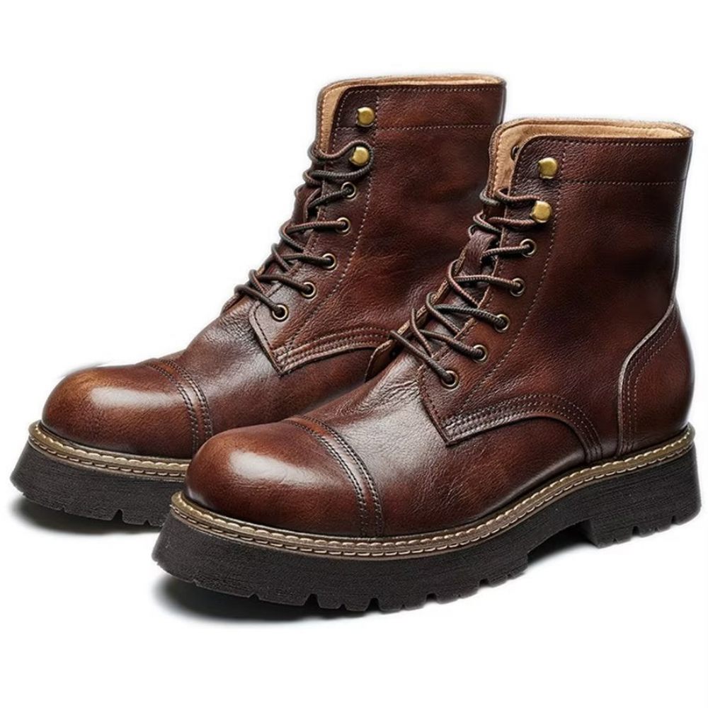 Bottines Élégantes À Lacets Cuir Vache Pour Hommes Bicolores - Café