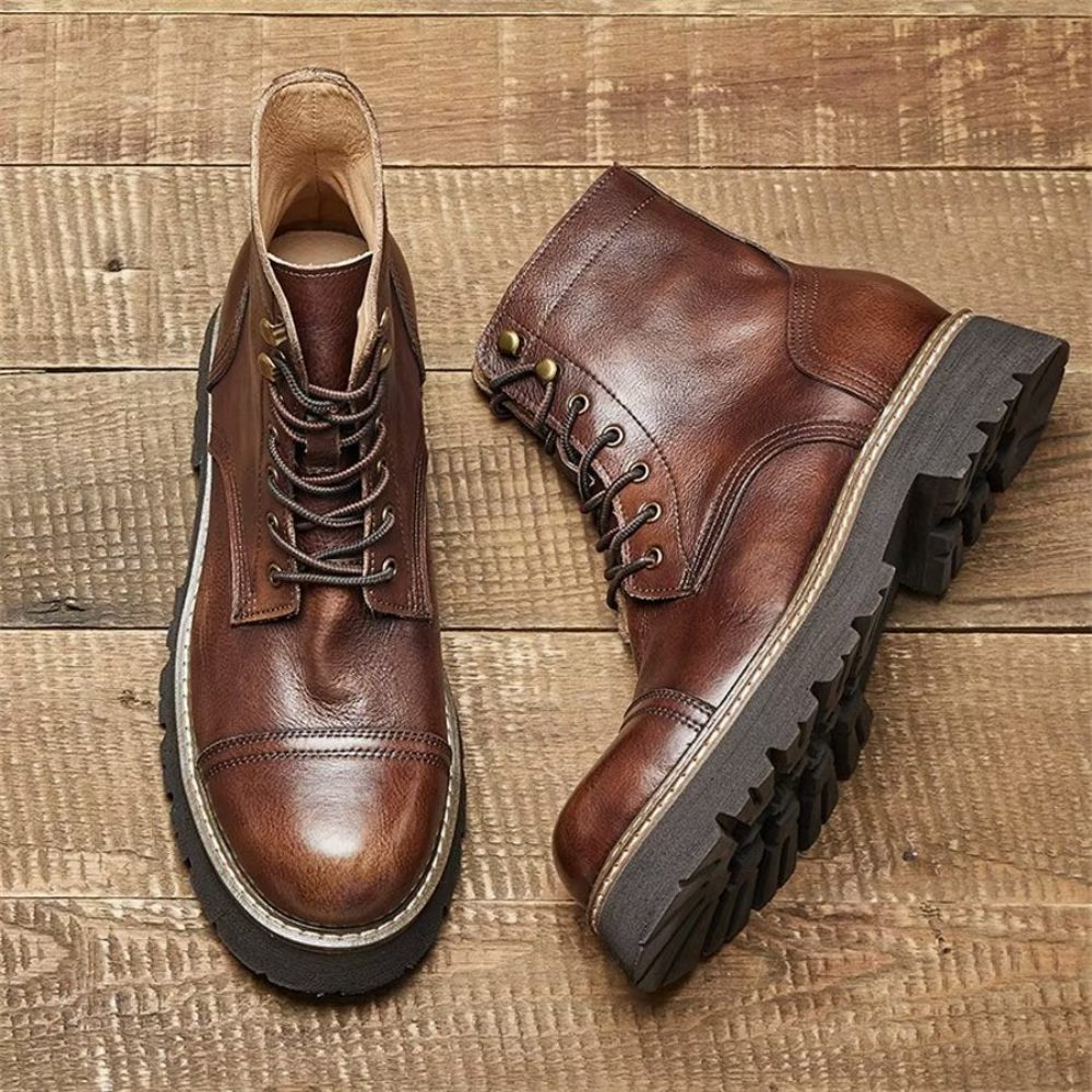 Bottines Élégantes À Lacets Cuir Vache Pour Hommes Bicolores - Café