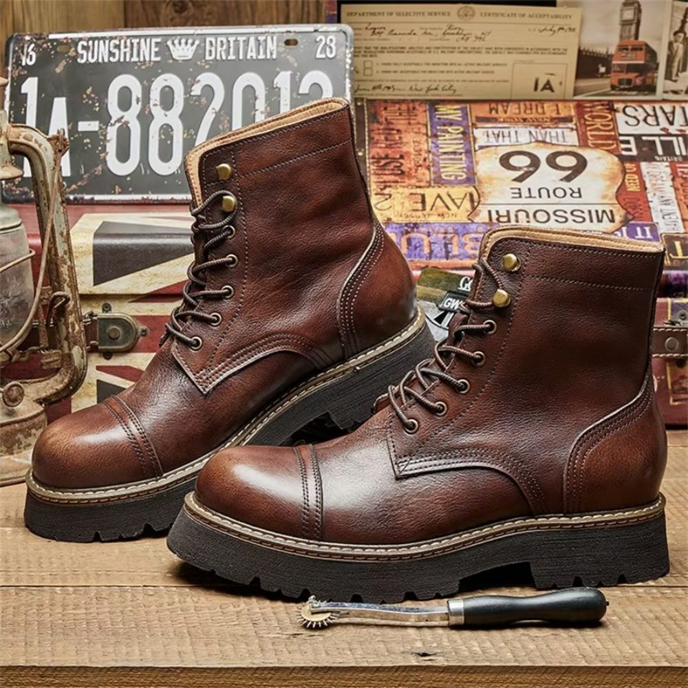 Bottines Élégantes À Lacets Cuir Vache Pour Hommes Bicolores - Café