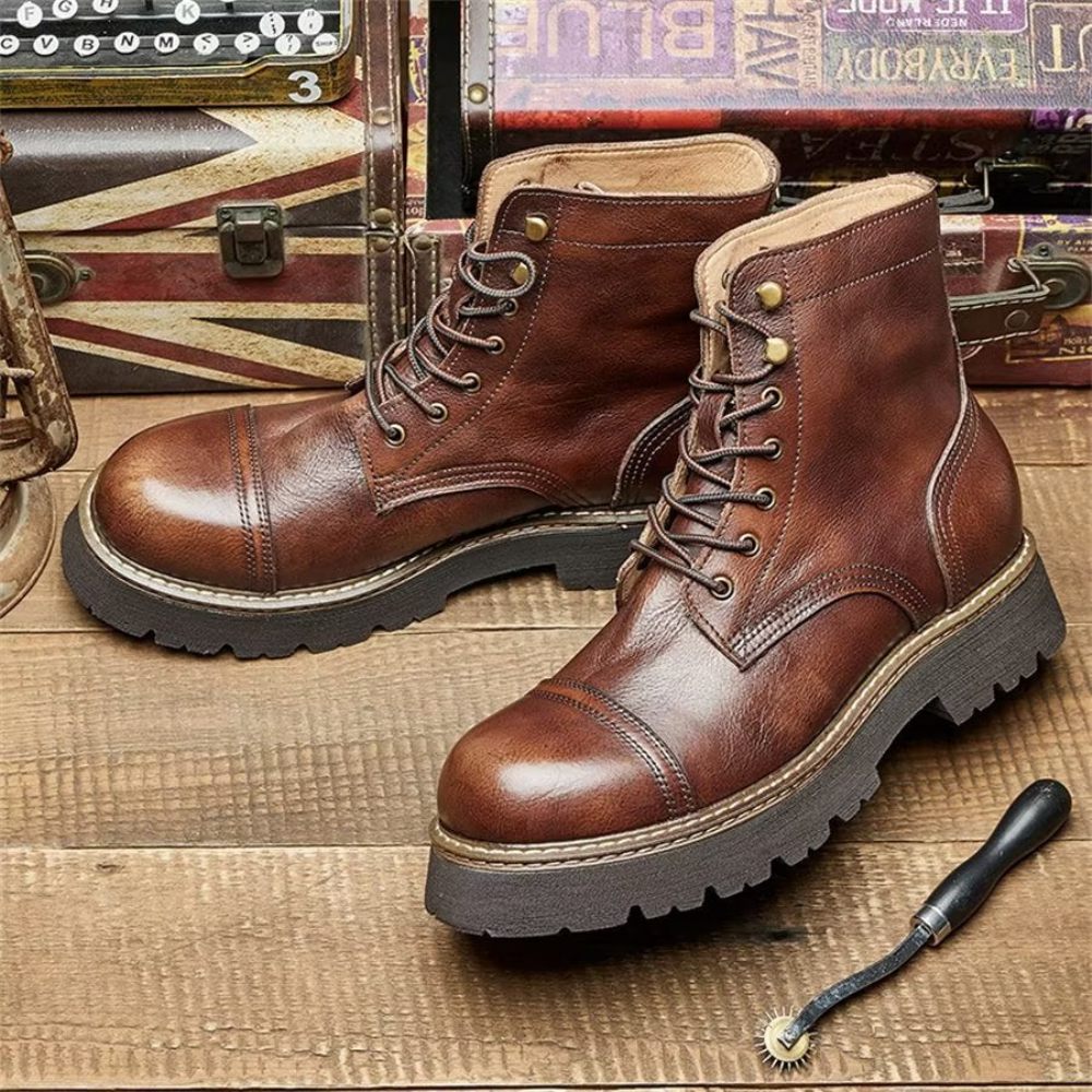 Bottines Élégantes À Lacets Cuir Vache Pour Hommes Bicolores - Café