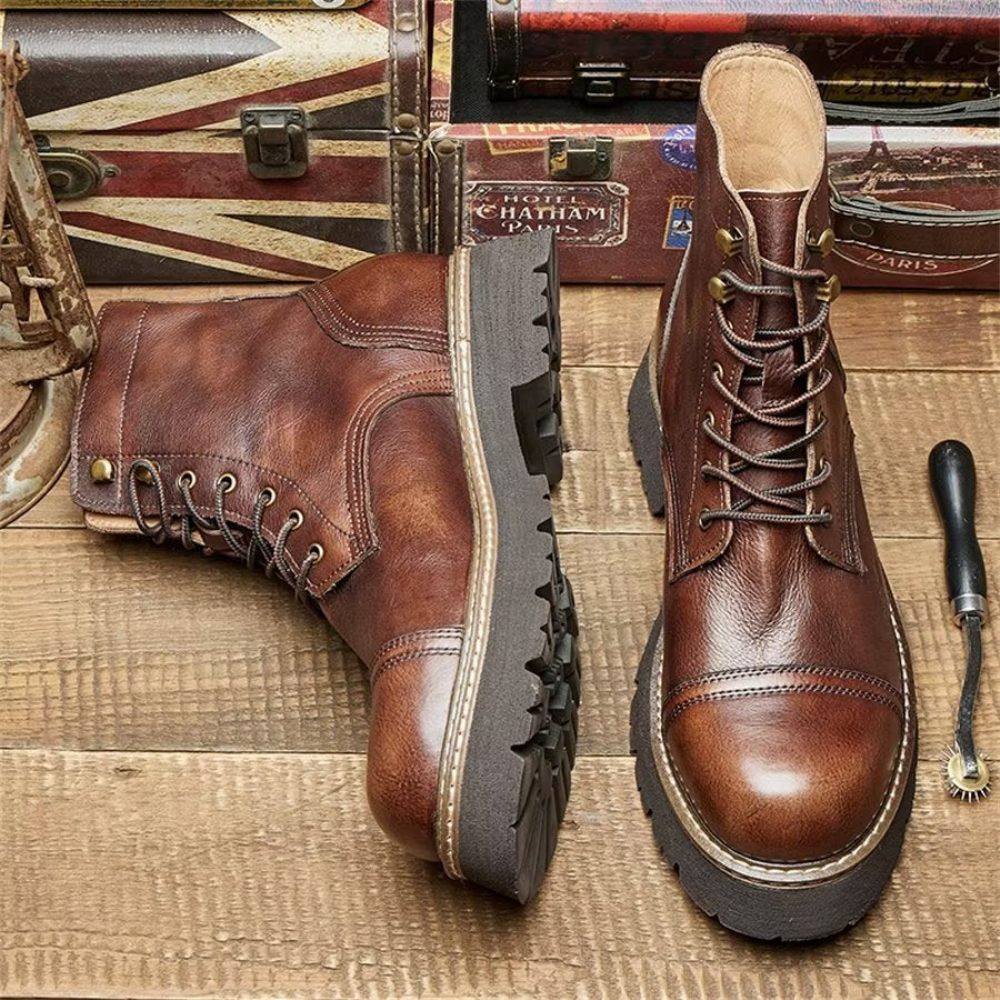 Bottines Élégantes À Lacets Cuir Vache Pour Hommes Bicolores - Café